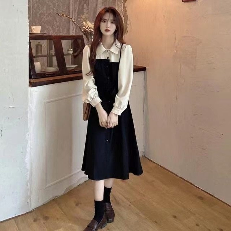 Drespot Soft Polo Shirt Dress Women  Autumn Vintage Preppy Style Korean Long Sleeve Midi Belt Dress School Student Clothes
