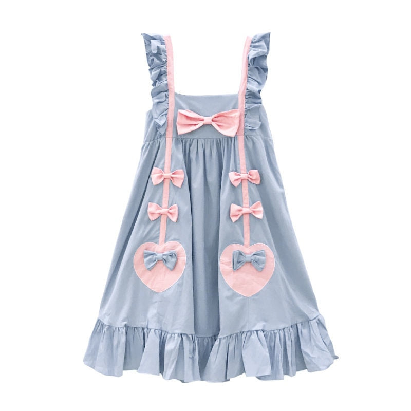 Drespot Blue Lolita Dress Kawaii Bow Ruffles Patchwork Short Dress Sweet Japanese Preppy Style Sleeveless Women Fashion Sundress