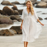 Sexy Hollow Out White  Summer Dress Beach Tunic Women Beachwear Long Sleeve Front Open Self Belted Maxi Dresses Q964
