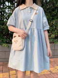 Drespot Summer Kawaii Cute Blue Dress Soft Girl School Bear Embroidery Puff Sleeve Polo Dresses Preppy Style Student  Summer
