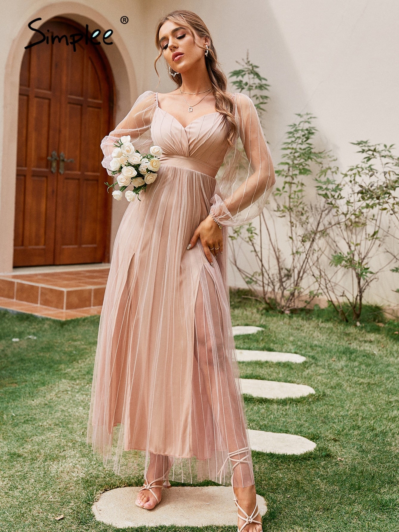 Drespot Elegant V-Neck See Through Tulle Party Dress Women Lantern Sleeves High Waist Pink Dresses Sexy Split Mesh Long Vestidos