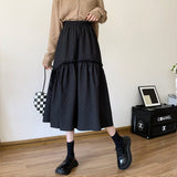 Women Vintage Skirt Black Elegant Casual Mid-Calf Solid Skirts Ruffle Patchwork Korean Style Fashion Streetwear
