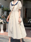 Kawaii Preppy Style Dress Women Summer White Short Sleeve Dress Mid-Calf Elegant Vintage Korean Fashion  Streetwear