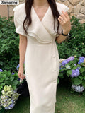 Fashion Summer Women Lace Up Midi Dresses Party Clothes Lady Casual Korea Style One Piece Robe Vestidos