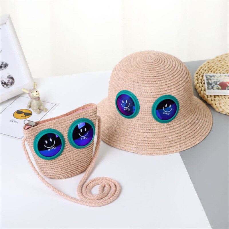 Summer Baby Smiley Straw Hat With Bag Set Kid Hip Hop Sunglasses Trim UV Bucket Hat For Toddler Girl Foldable Vacation Beach Hat