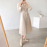 Drespot Elegant Women Spring Notched Collar Suit  Single-breasted Office Lady Full Sleeve High Waist Female Pleated Midi Dress