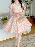 Drespot Pink Floral Dress Women Sweet Cute Bow Mesh Patchwork Fairy Dresses Princess  Summer Kawaii Elegant Streetwear
