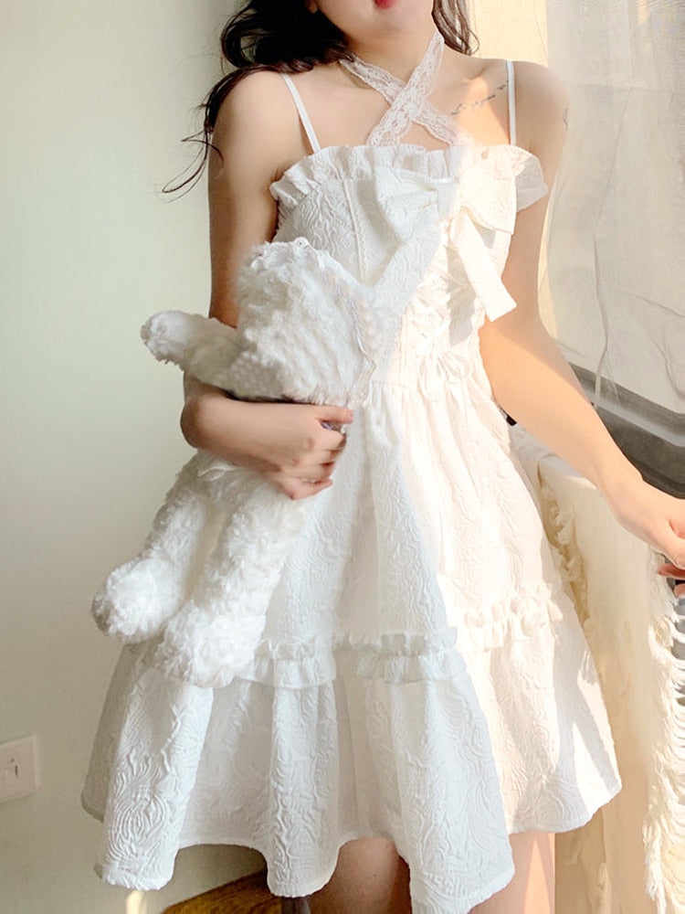 Drespot  Summer White Lolita Mini Dress Women Kawaii Clothing Vintage Fairy Strap Dress Female Casual Elegant One Piece Dress Korean