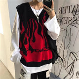 Deeptown Gothic Streetwear Flame Print Oversize Sweater Vest Women Harajuku Hip Hop Knitted Sleeveless V-Neck Female Tops