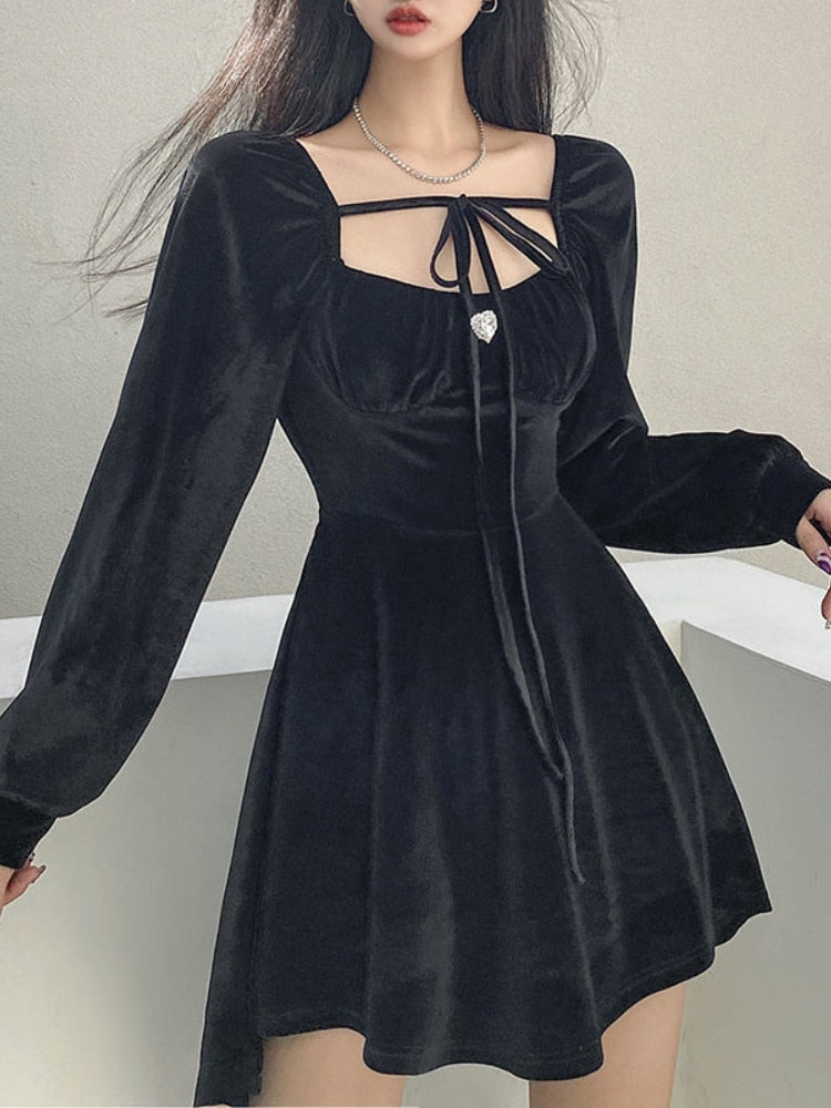 Drespot Black Velvet Slim Dress Woman Vintage  Spring Korean Fashion Y2k Mini Dress Elegant Long Sleeve Short Party Dress Female