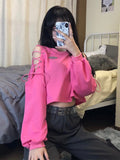 Drespot Y2K Korean Style Oversized Hoodies Women Harajuku Sexy Hollow Out Sweatshirts Casual Loose Pink Crop Tops Hip Hop Goth