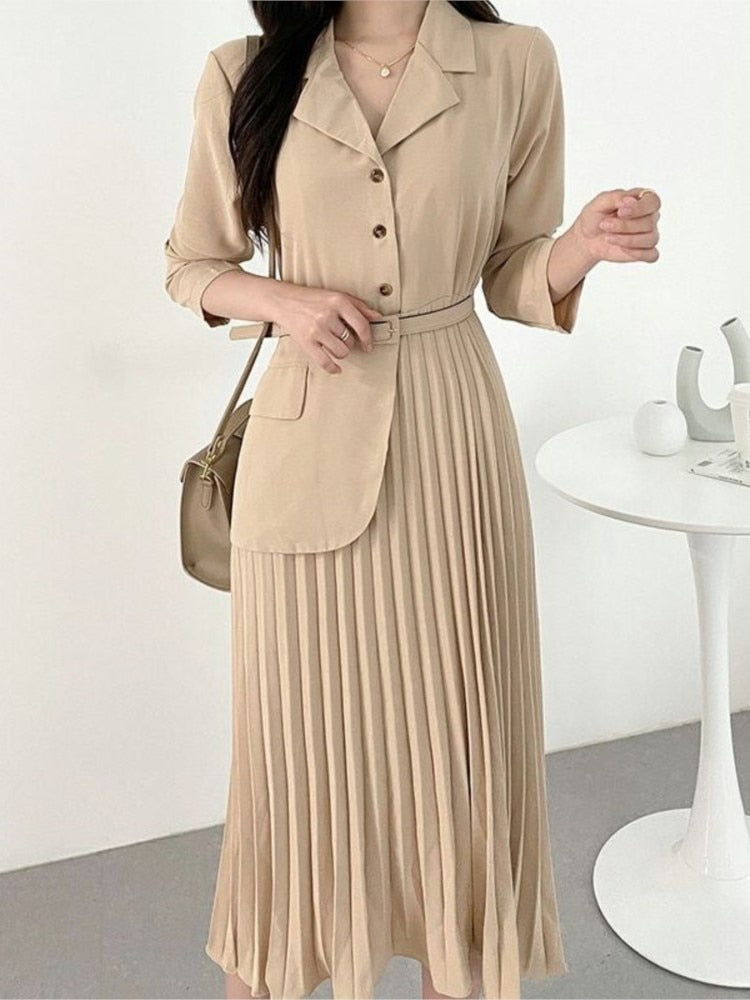 Spring Summer Bodycon Pleated Dress With Belt Office Lady Solid  Slim Elegant Clothes