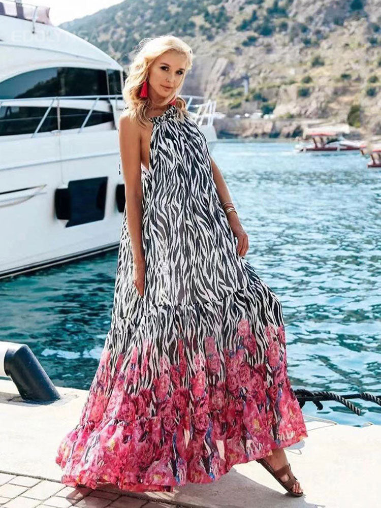 Casual Printed Loose Large Hem Dress Sexy Sleeveless Lady Beach Maxi Dress  Summer Fashion Elegant Boho Dresses A1080
