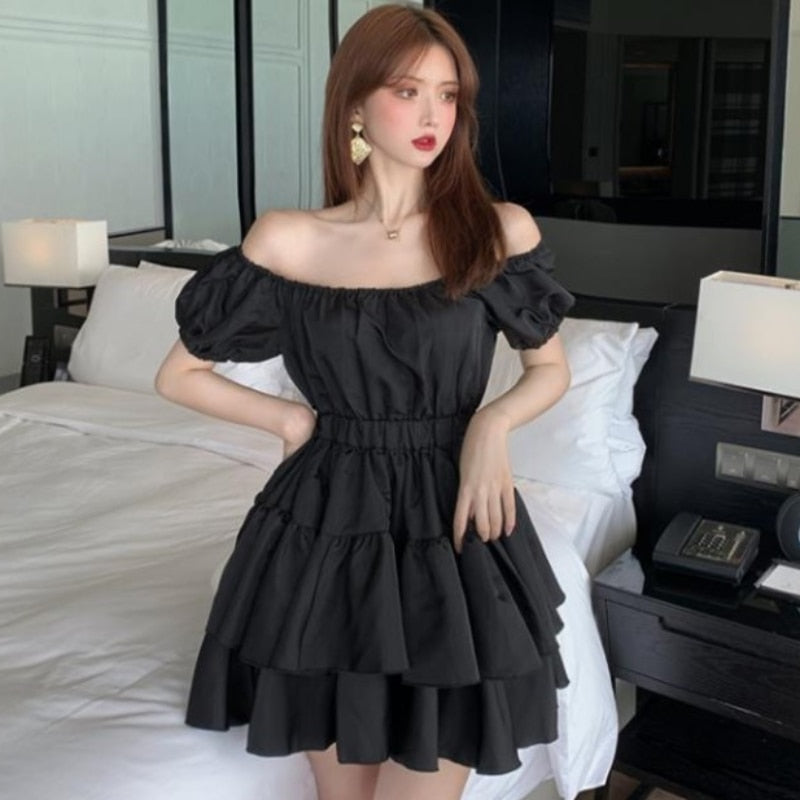 Drespot  Black Sexy Dress Off The Shoulder Women Summer  Elegant Vinatge Mini Dress Casual A-LINE Kawaii Sundress Streetwear