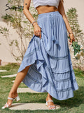 Drespot Bohemian Ruffle Lace Patchwork Blue Long Skirt Summer Women Tassel Lace-Up Skirt Holiday Elastic Boho A-Line Bottom