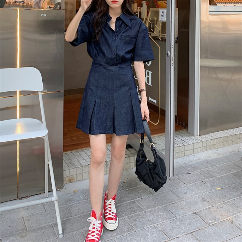 Vintage Short Sleeve Women Denim Dress  Spring New Short Skirt Blue Korean Fashion Polo Collar Streetwear Female  Jean Dress