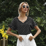 Drespot Purole Polka Dot Chiffon Blouses Womens Casual Blouses Summer Polka Dot Print V-neck Short-sleeved Tops Summer Women Clothing