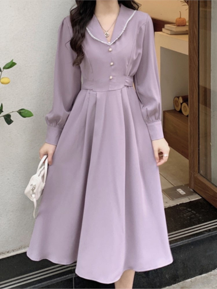 Women's Autumn Long Sleeve A-Line Casual Midi Dress Peter Pan Collar Elegant Lace-up Vestidos Femme Fashion Pullover Robe