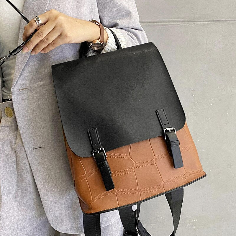 Backpack Female  New Leather Color Matching Leather Handbag Ms Contracted Backpack Bag