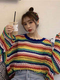 Drespot Korean Fashion Rainbow Stripe Sweater Women Harajuku Kawaii Hollow Out Jumper Sweet Girl Loose Sun-Proof Top Streetwear