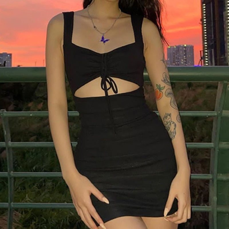 Y2K Women Black Dress Hollow Out Spaghetti Strap  Lace up Night Club Party Sexy Bodycon Mini Dress  Summer Casual Dresses