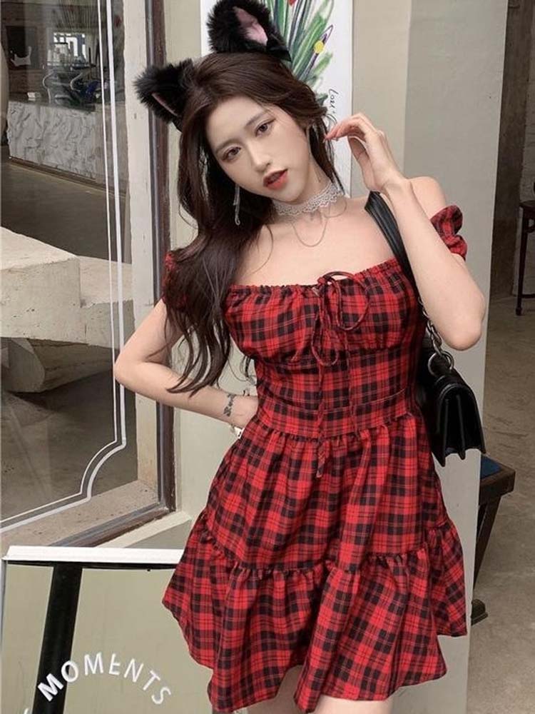 Drespot Goth Kawaii Cute Mini Dress Women Gothic Plaid Soft Girl Korean Backless Party Short Dresses Red Robe  Summer