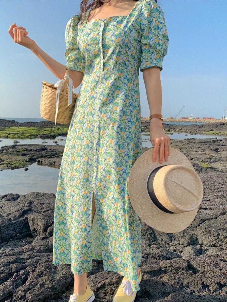 New Summer Harajuku Floral Dress For Women Casual Vintage Retro Single Breasted Midi Clothes Vestidos