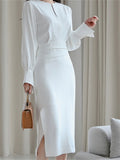 Drespot Women Chic Design Midi Dress Elegant Casual Office Lady High Wasit Fashion Slim Long sleeve Slit Dress