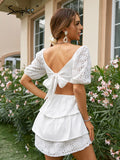 Drespot Sexy Cotton Puff Short Sleeve Women Summer Dress Holiday Square Collar Cut Out Design Mini Dress Hollow Out Bow Vestidos