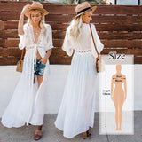 Elegant Women Tunic Summer Fashion Long Beach Dress Sexy Patchwork Short Sleeve Front Open White Robe Dress pareos Q561