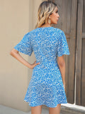 Drespot Blue Printing Single Breasted Chiffon Dress Women Summer  Floral Short Sleeve V-neck Casual A-line Dress Boho Short Dress