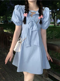 Drespot Sweet Kawaii Dress Women Preppy Style Soft School Puff Sleeve Blue Short Dresses Korean Casual  Summer Bow Solid