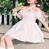 Drespot Sweet Kawaii Cute Lolita Dress Women Princess Fairy Elegant Party Short White Dresses Puff Sleeve  Summer Robes Female