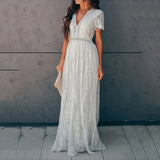 Embroidery Lace Hollow Out Maxi Dress Women  Summer New V Neck Elegant Pink White Long Dresses Boho Beach Vacation Vestido