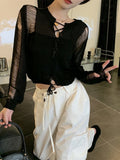 Y2K Gothic Streetwear Cropped Sweater Women Grunge Punk Knitted Jumper Summer Thin Hollow Out Hole Broken Pullover Tops