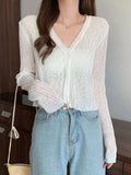 Korean Style Knitted Cardigan Sweaters Women Retro Slim Crop Top V-neck Thin Sun-proof Casual Summer Outdoor Coat Sweet