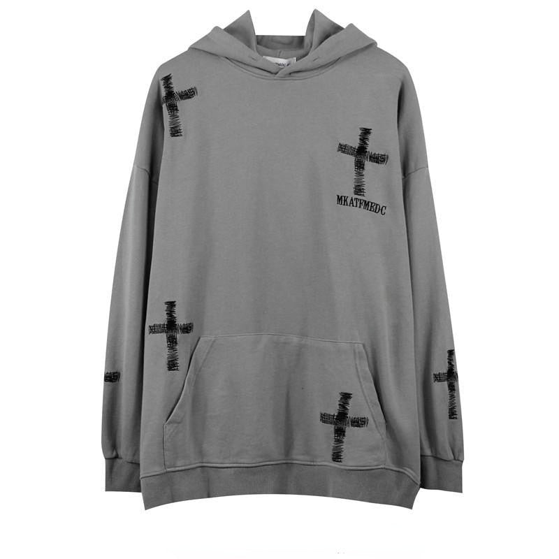 Deeptown Gothic Cross Print Oversize Black Hoodie Women Punk Harajuku Hippie Crewneck Sweatshirt Female Mall Goth Grey Tops