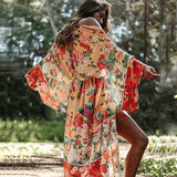 Drespot  Bohemian Floral Printed Front Open Summer Women Beach Wear Wrap Dress Chiffon Tunic Sexy Sarongs Robe De Plage Pareo Q751