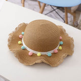 Drespot Kids Girls Straw Woven Hat Wide Brim Sun Protection Beach Hat Colorful Pompom Ball Summer Floppy Bucket Cap Portable Handbag