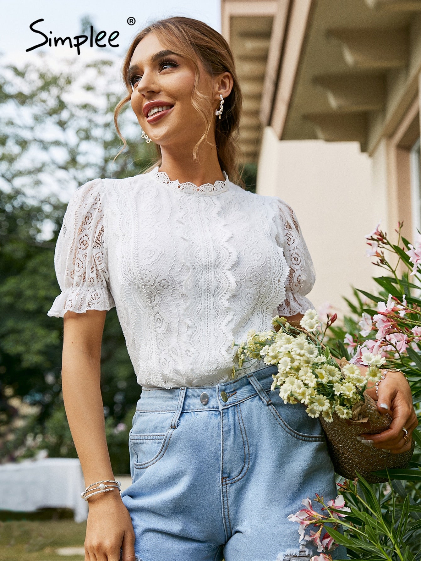 Drespot White Elegant Lace Stitching Women T-Shirt Summer Causal Hole Puff Short Sleeve Tees Fashion Office Lady Short Tops