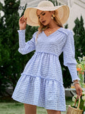 Drespot Cotton V-Neck Lantern Sleeves Ruffle Plaid Blue Smock Dress Summer Elastic Frill Mini Dresses Holiday Women Vestido