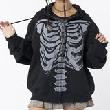 Drespot Skeleton Print Zip Up Loose Oversized Hoodie