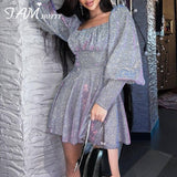 IAMHOTTY Bright Silk Pleated A Line Mini Dress For Women Party Night Clubwear Puff Long Sleeve Elegant Sequins Robe Sexy Ladies