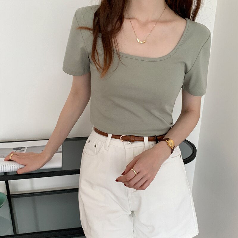 Drespot  New Summer Women's T-shirts Cotton Fashion Short Sleeve Solid Color Square Collar Casual Loose Women's Basic Tops